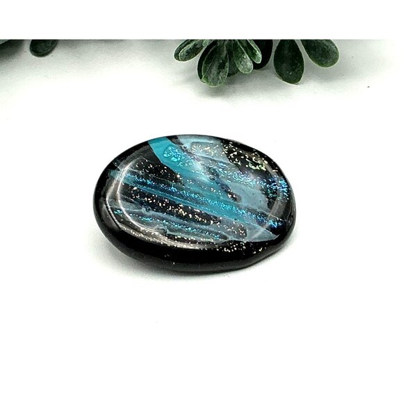 Handcrafted Dichroic Glass Oval Brooch Pin With Blue and Gold Accents - Picture 3 of 4